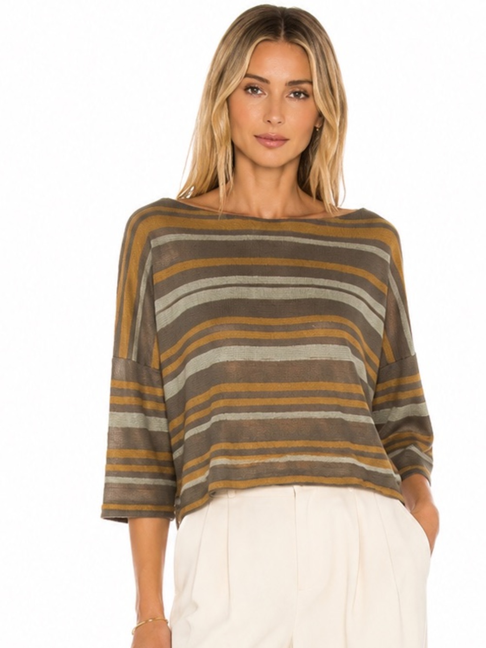 Sarah  Pacini Italy Linen blend  Striped Knit Boat Neck Dolman Sleeve Sweater